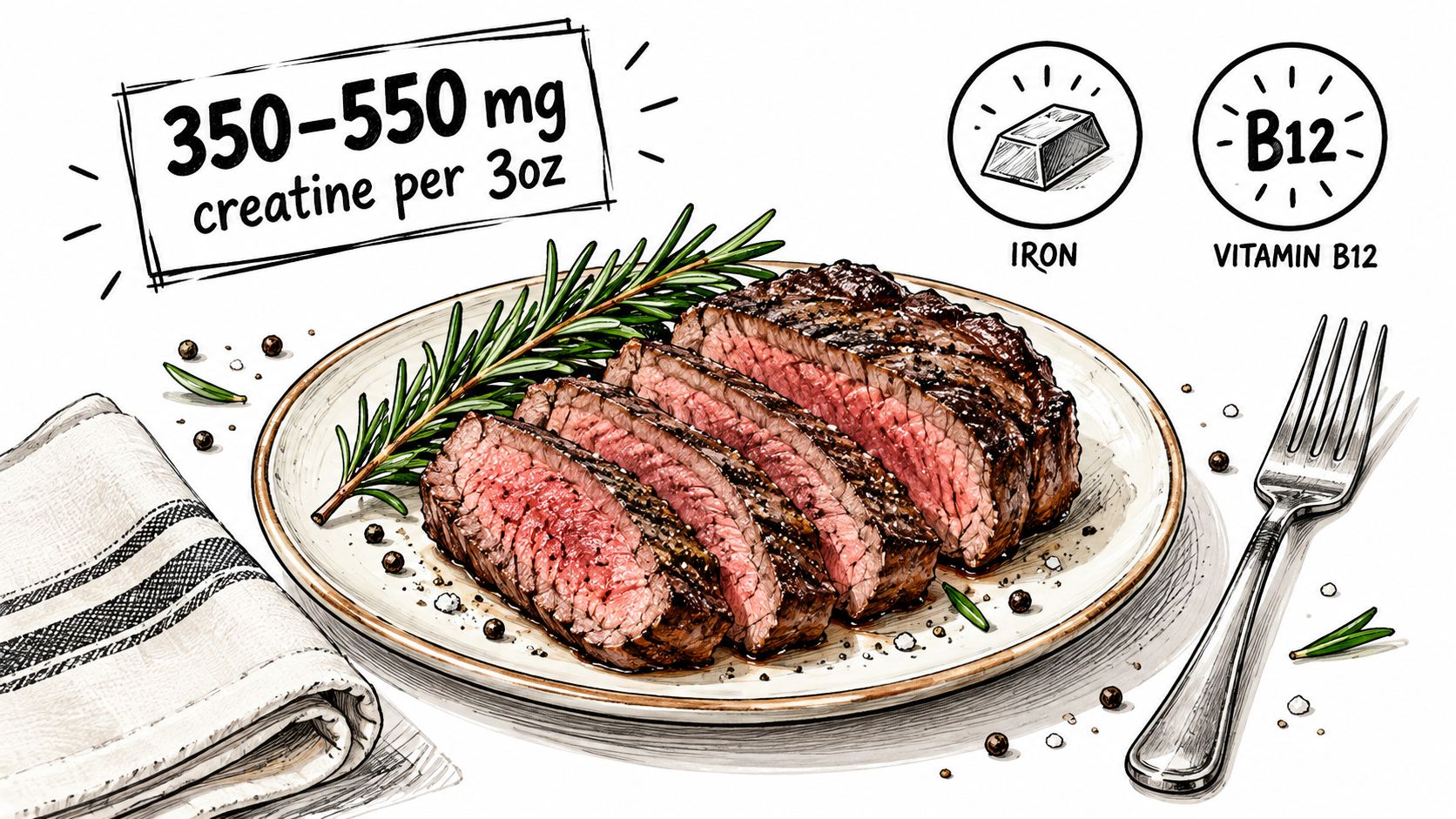 A sketched illustration of a medium-rare sliced steak on a plate, highlighting creatine, iron, and vitamin B12 content.