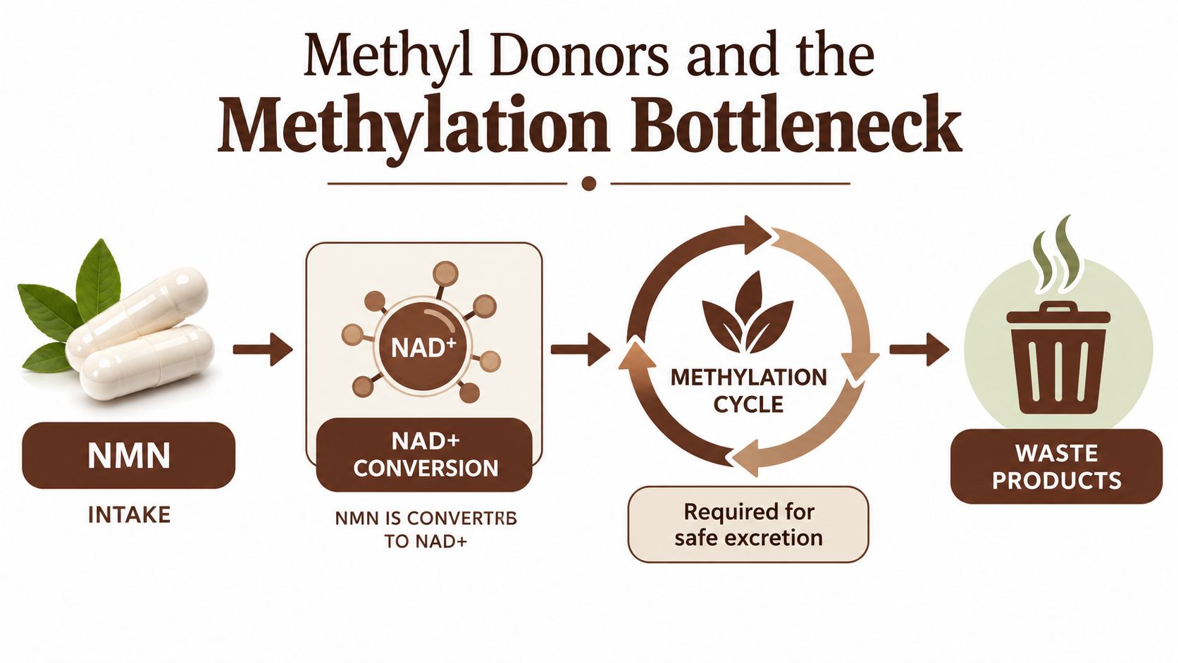 An infographic illustrating the NMN supplement intake process and its relationship with the methylation cycle and metabolic waste.