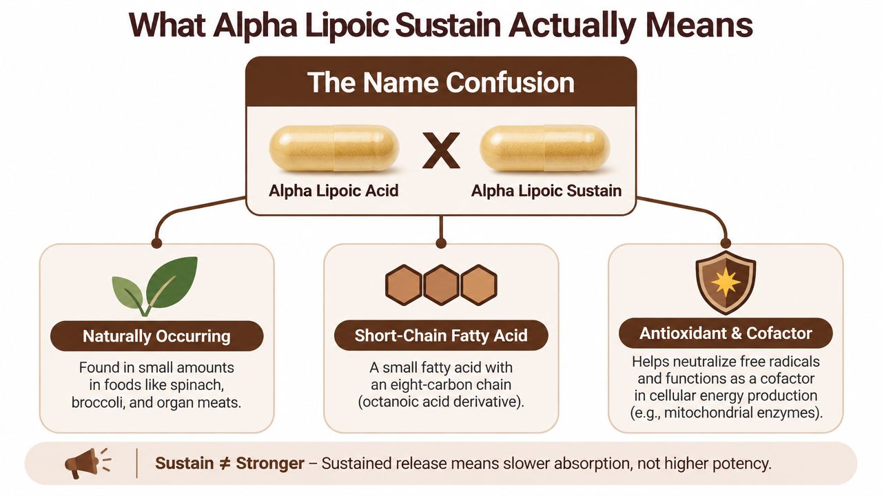 An infographic explaining that Alpha Lipoic Sustain is a sustained-release supplement, not necessarily a stronger version.