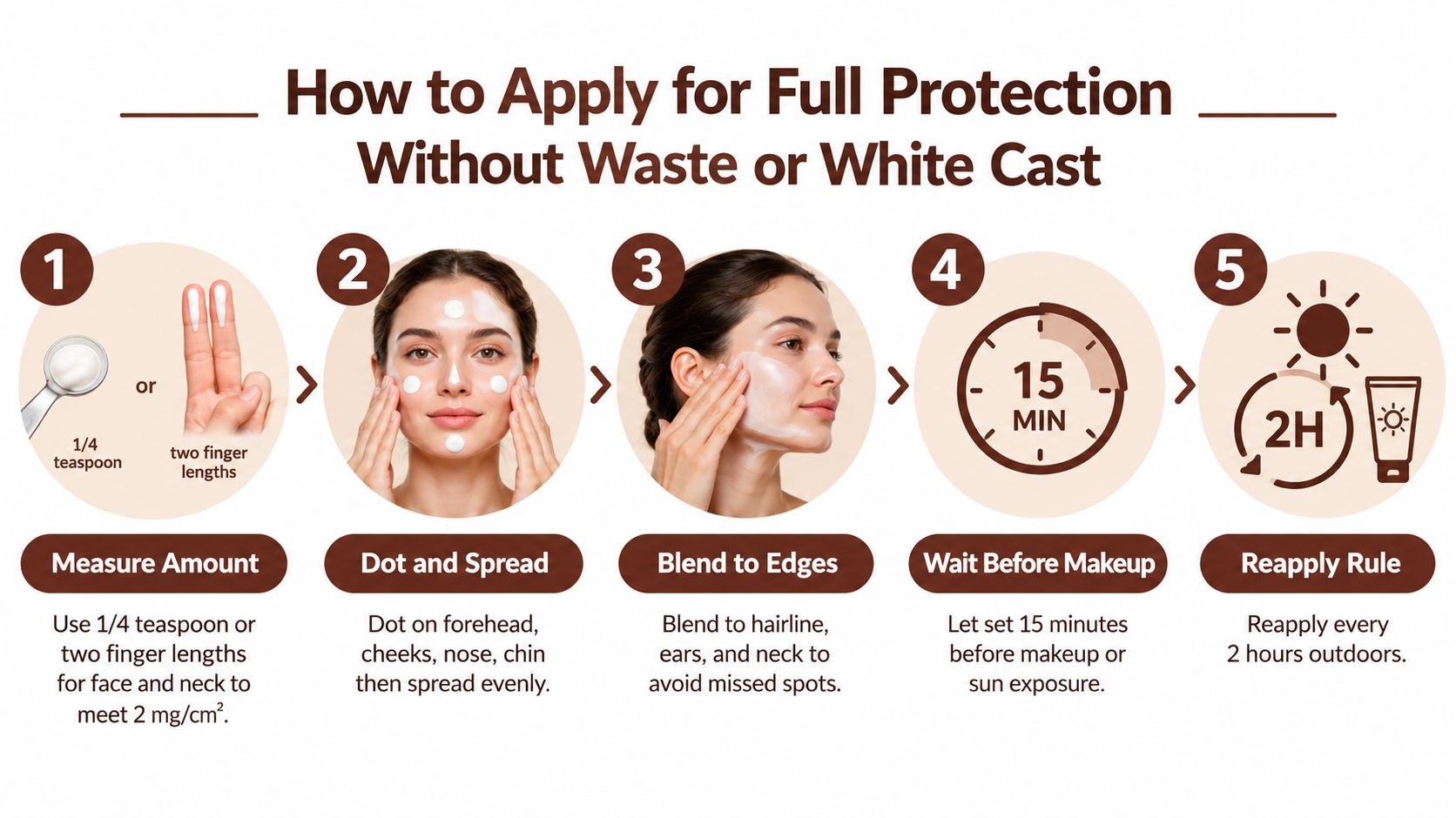 A step-by-step instructional graphic on how to apply sunscreen for full protection without waste.