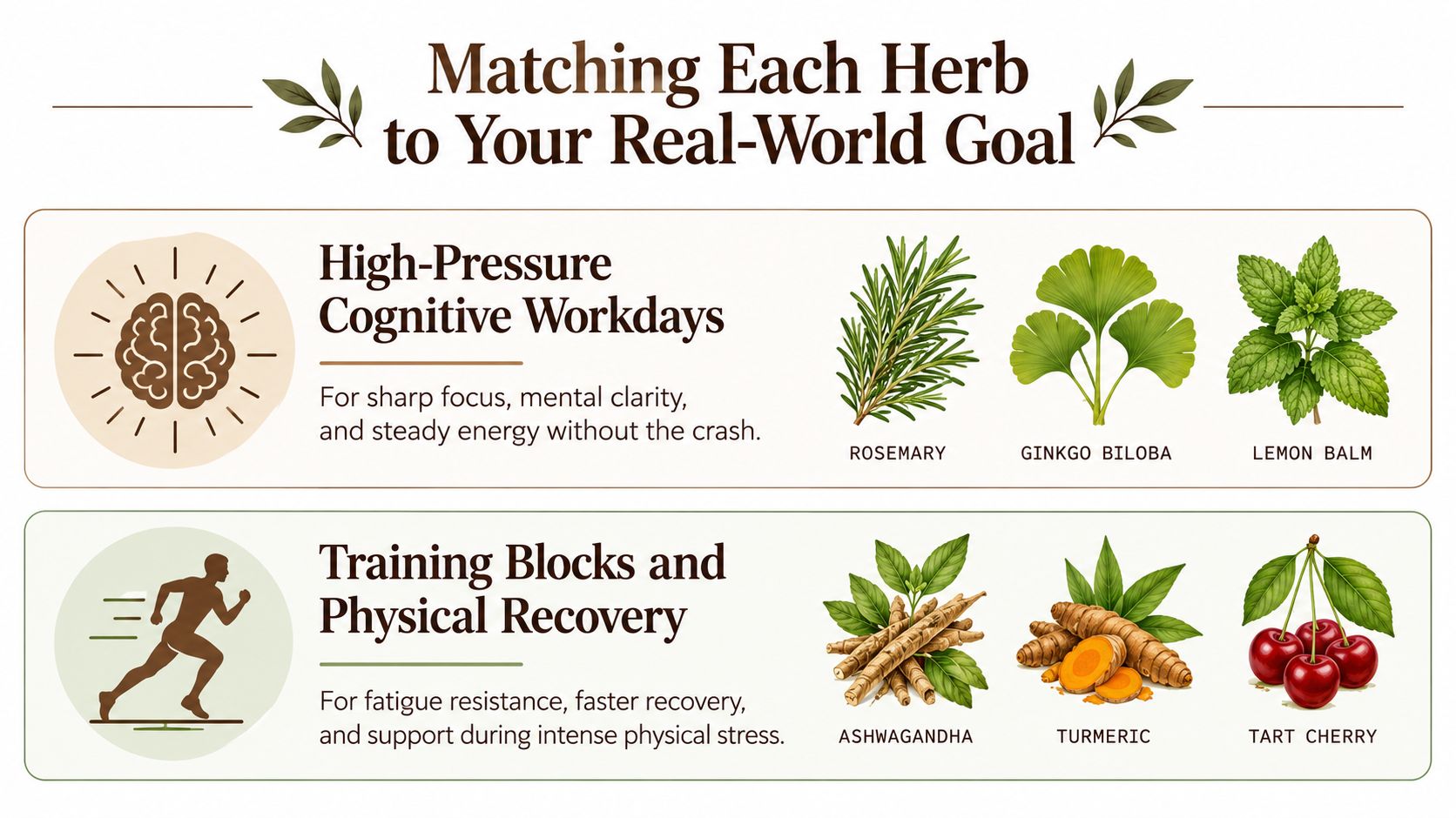 An infographic matching herbs like rosemary and ashwagandha to cognitive and physical recovery goals.