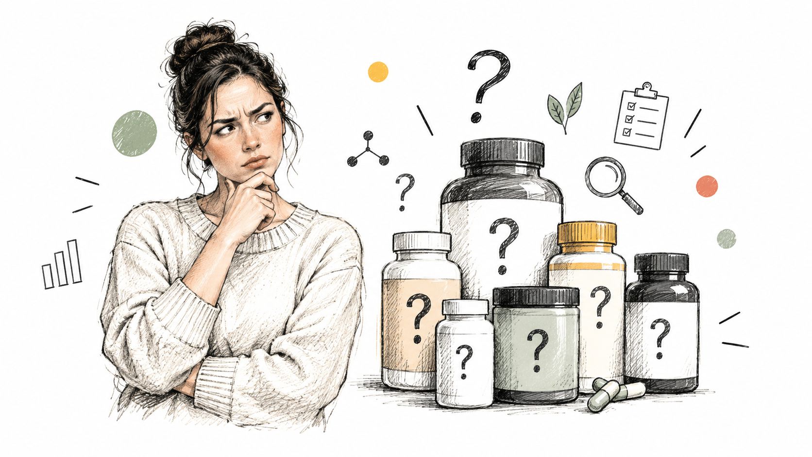 A concerned woman considering various pill bottles and nutritional supplements with question marks floating above them.