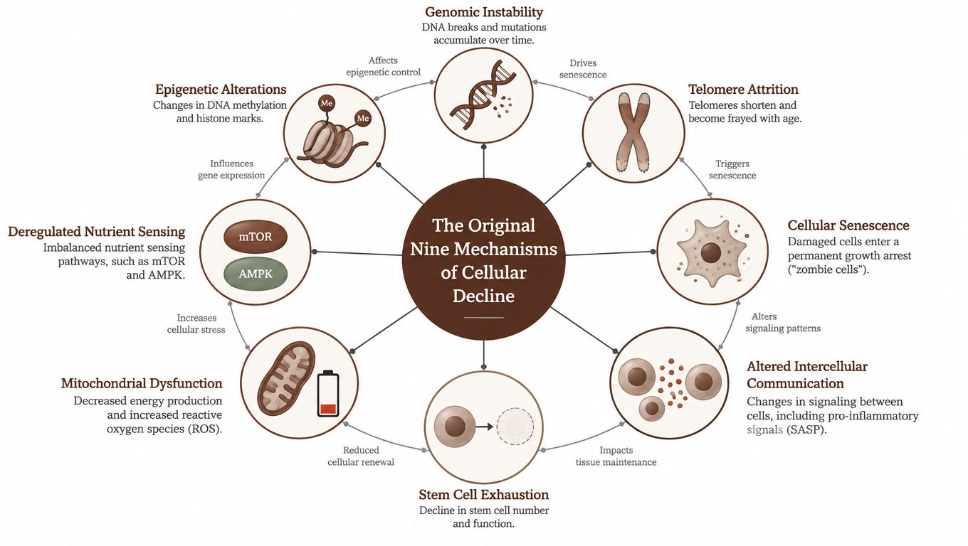 An educational diagram outlining the nine biological mechanisms responsible for cellular decline and the aging process.