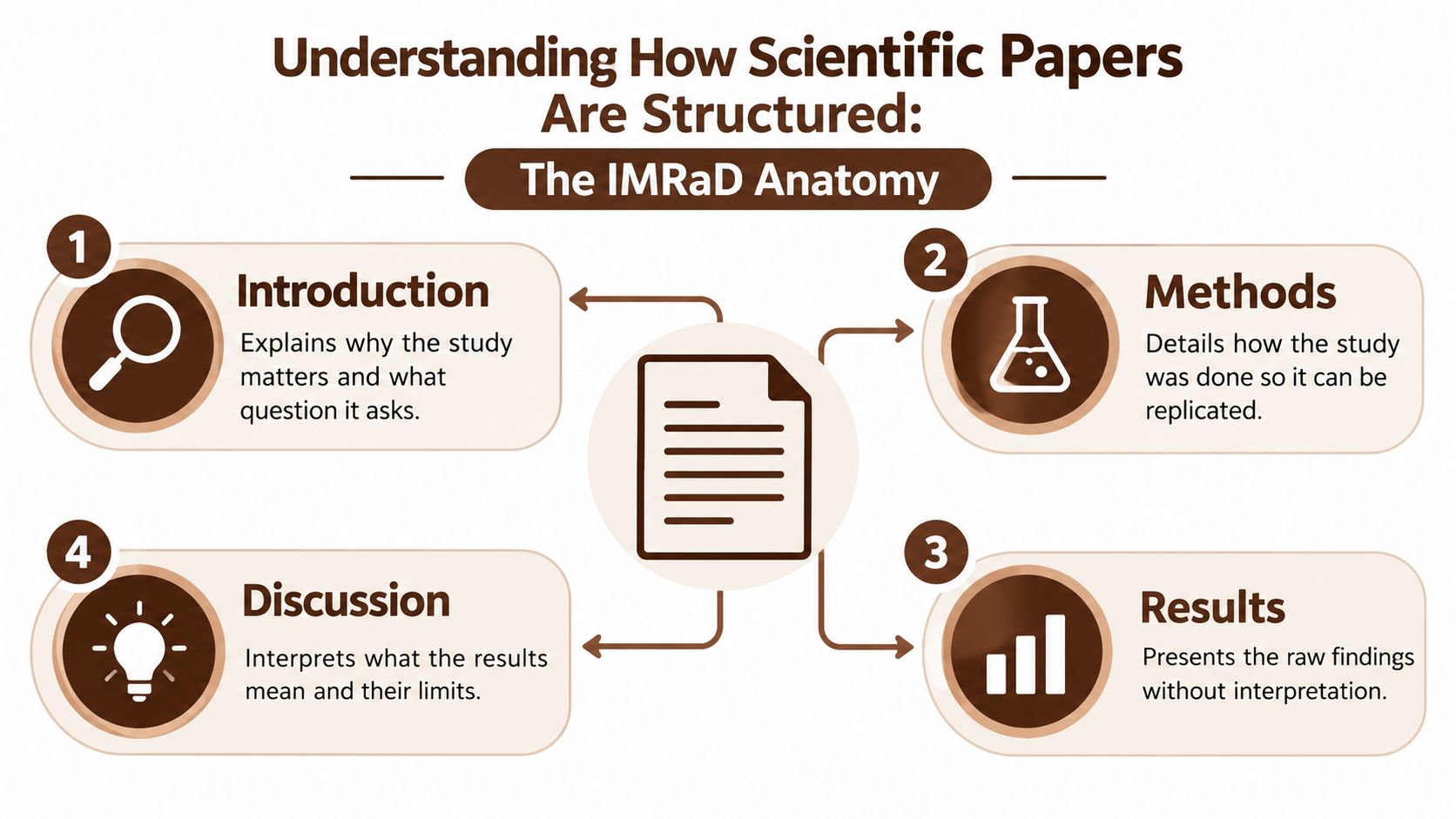 A diagram illustrating the IMRaD structure of scientific papers, including Introduction, Methods, Results, and Discussion sections.