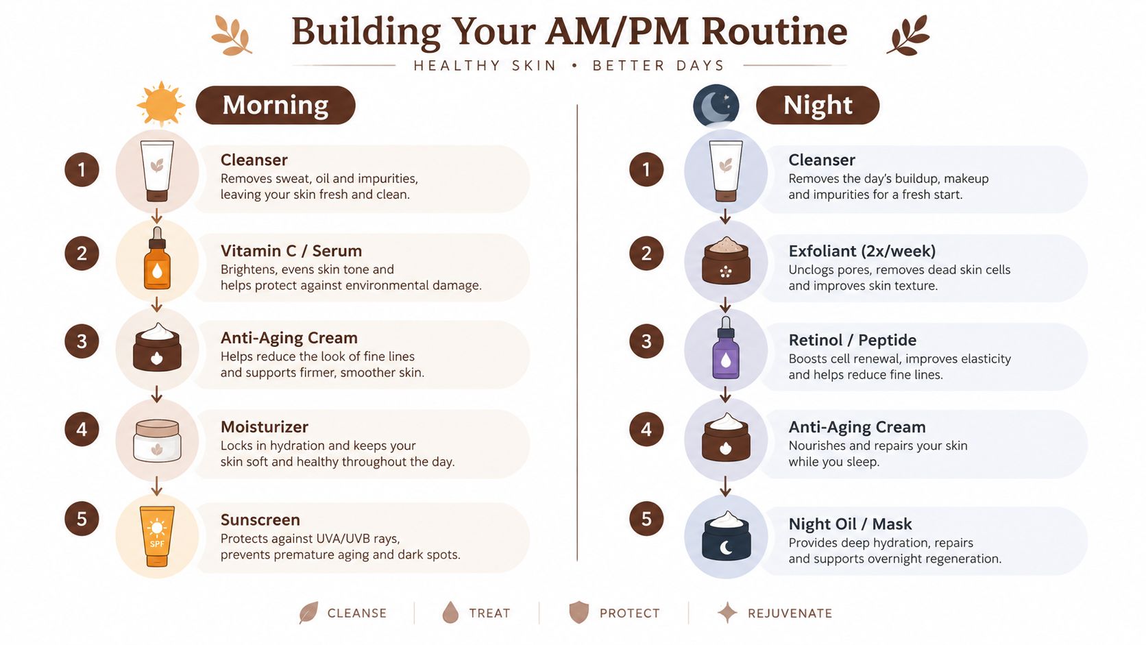A helpful infographic showing a step-by-step skincare guide for morning and evening routines for healthy skin.