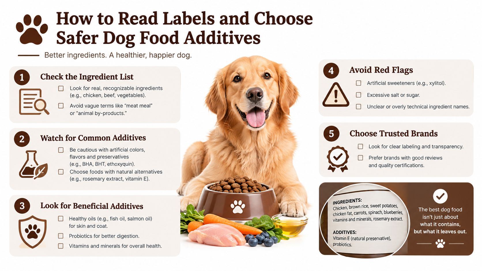 An infographic titled How to Read Labels and Choose Safer Dog Food Additives with a golden retriever.
