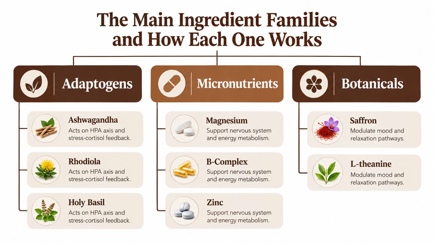 A chart categorizing anti-stress supplements into three families: adaptogens, micronutrients, and botanicals with their mechanisms.