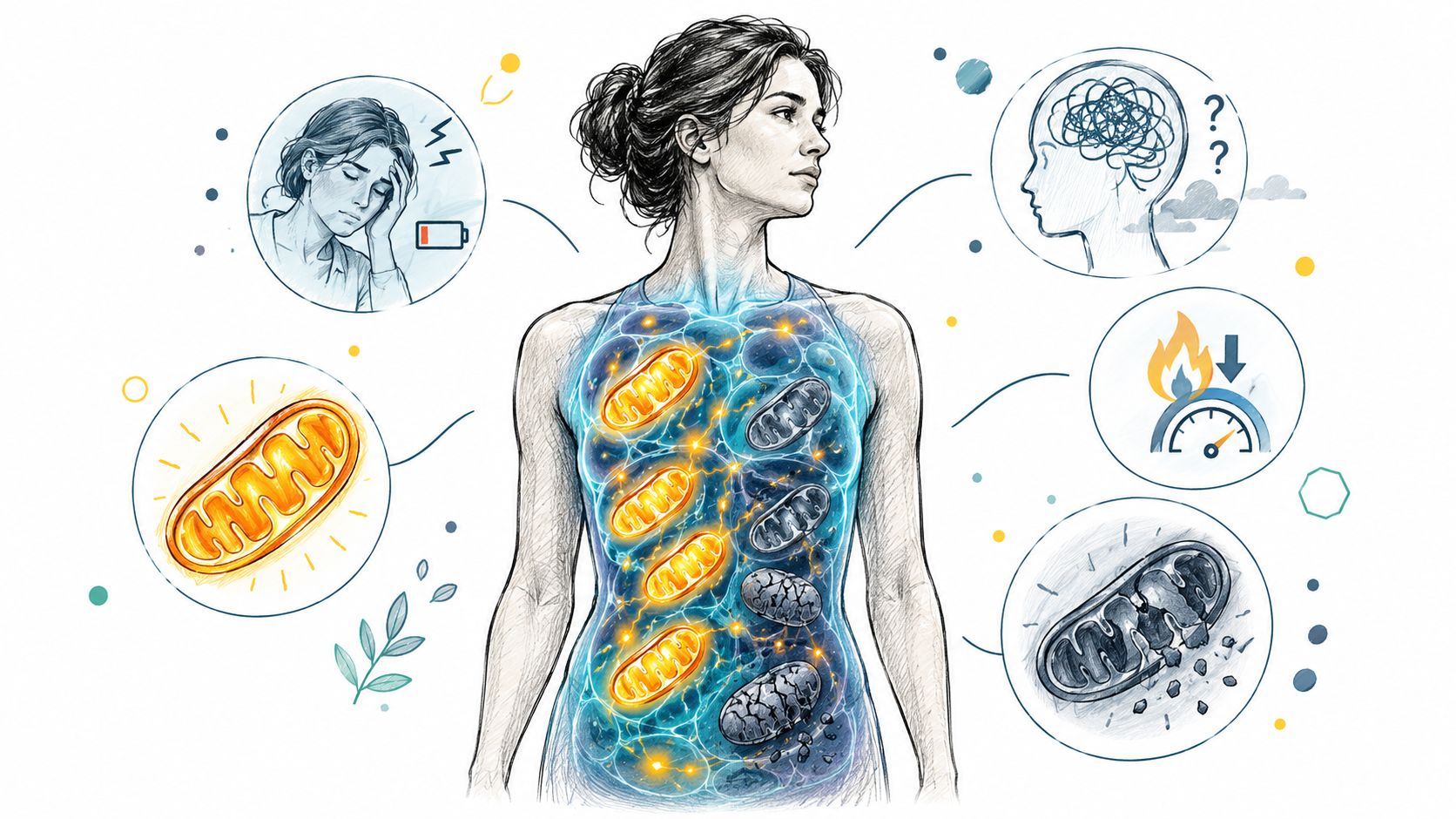A conceptual illustration showing mitochondrial dysfunction within the human body, representing cellular aging and health issues.