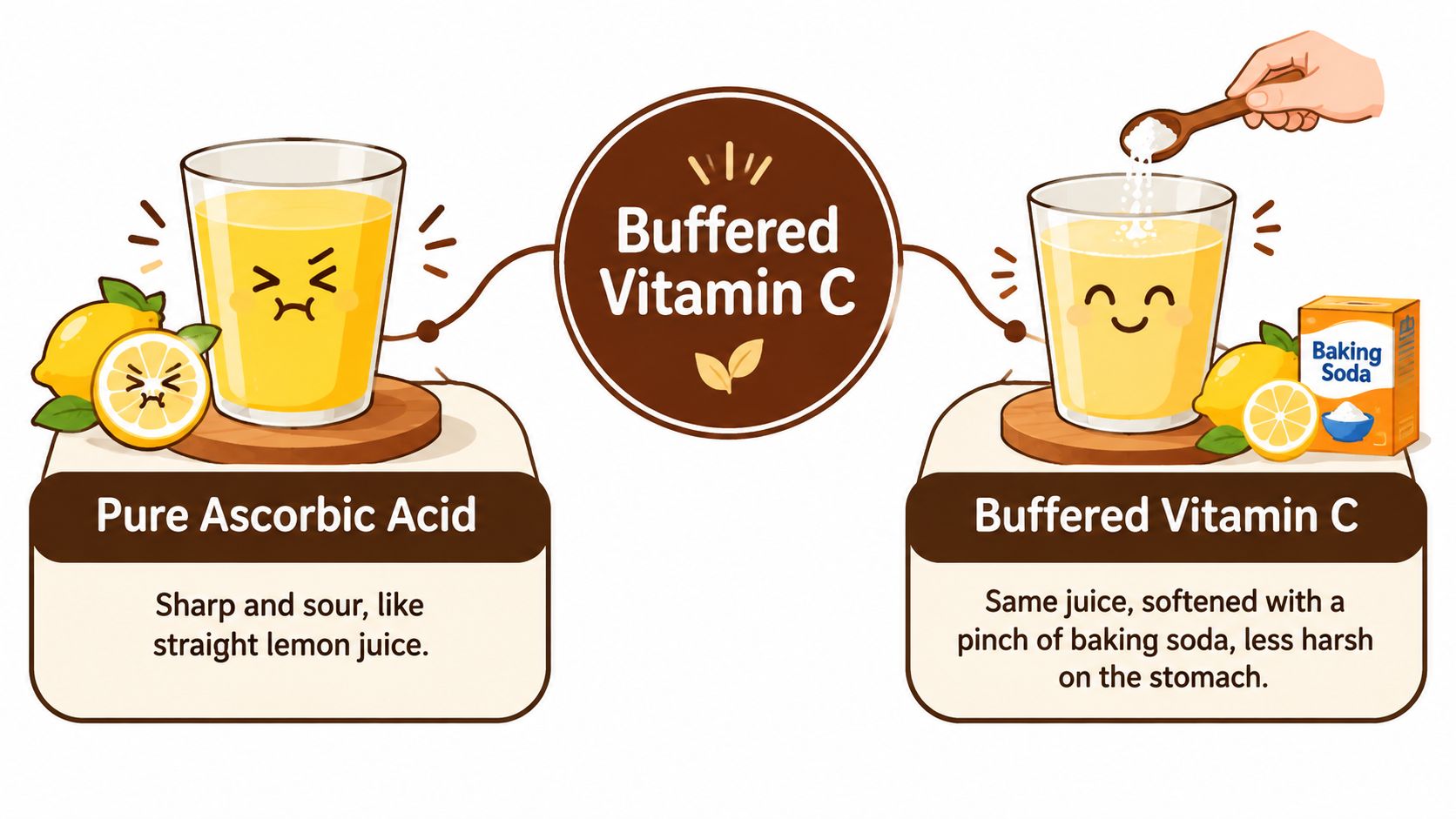 An educational illustration comparing acidic pure ascorbic acid juice with smoother, buffered vitamin C mixed with baking soda.
