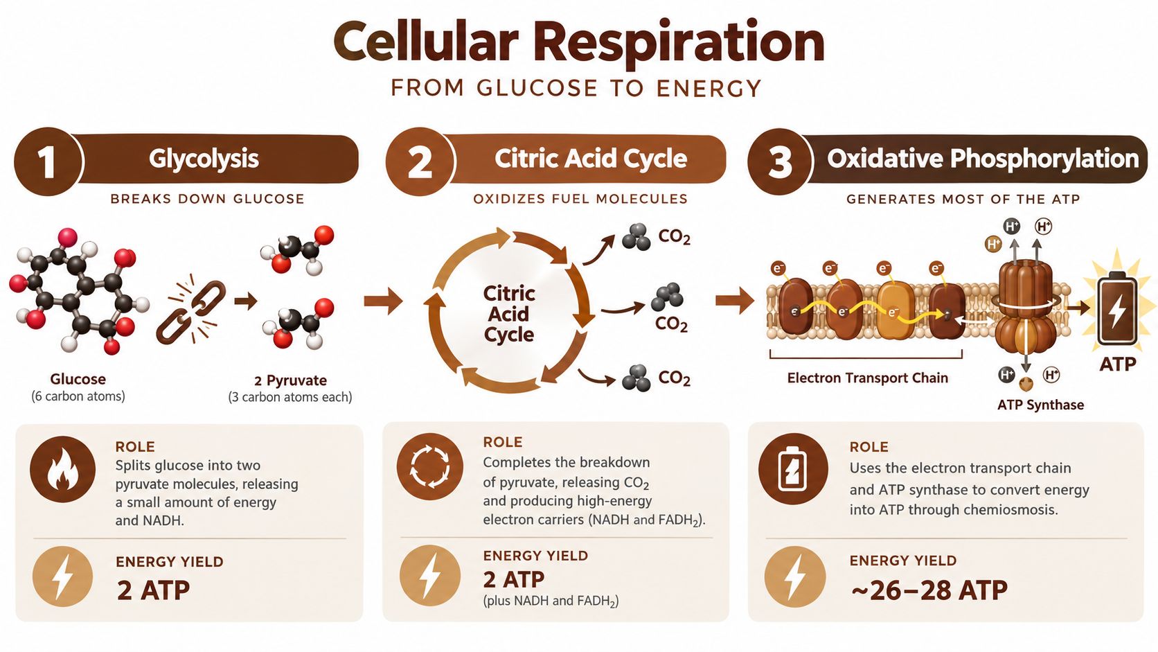 A diagram illustrating the three main stages of cellular respiration: Glycolysis, the Citric Acid Cycle, and Oxidative Phosphorylation.