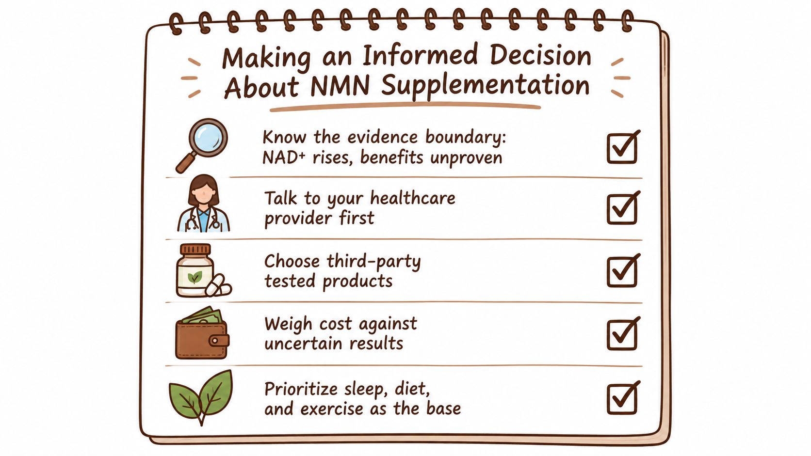 A checklist about making an informed decision regarding NMN supplementation, including lifestyle, safety, and evidence considerations.