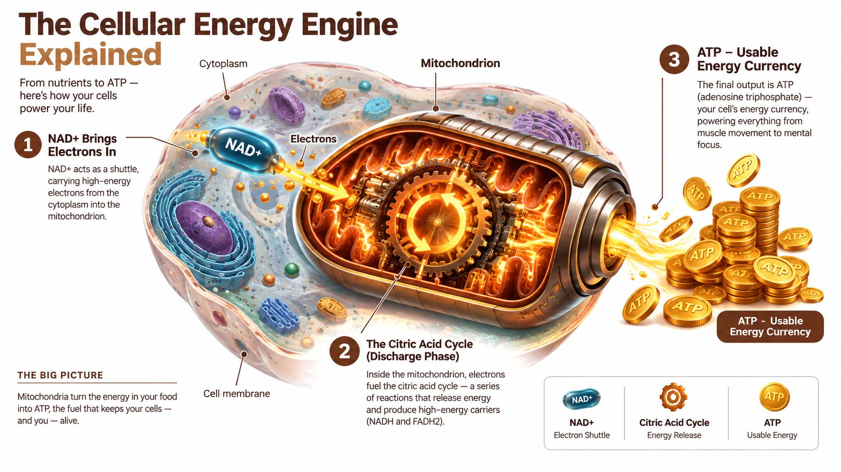 A diagram illustrating the process of cellular energy production with mitochondria turning nutrients into ATP energy coins.