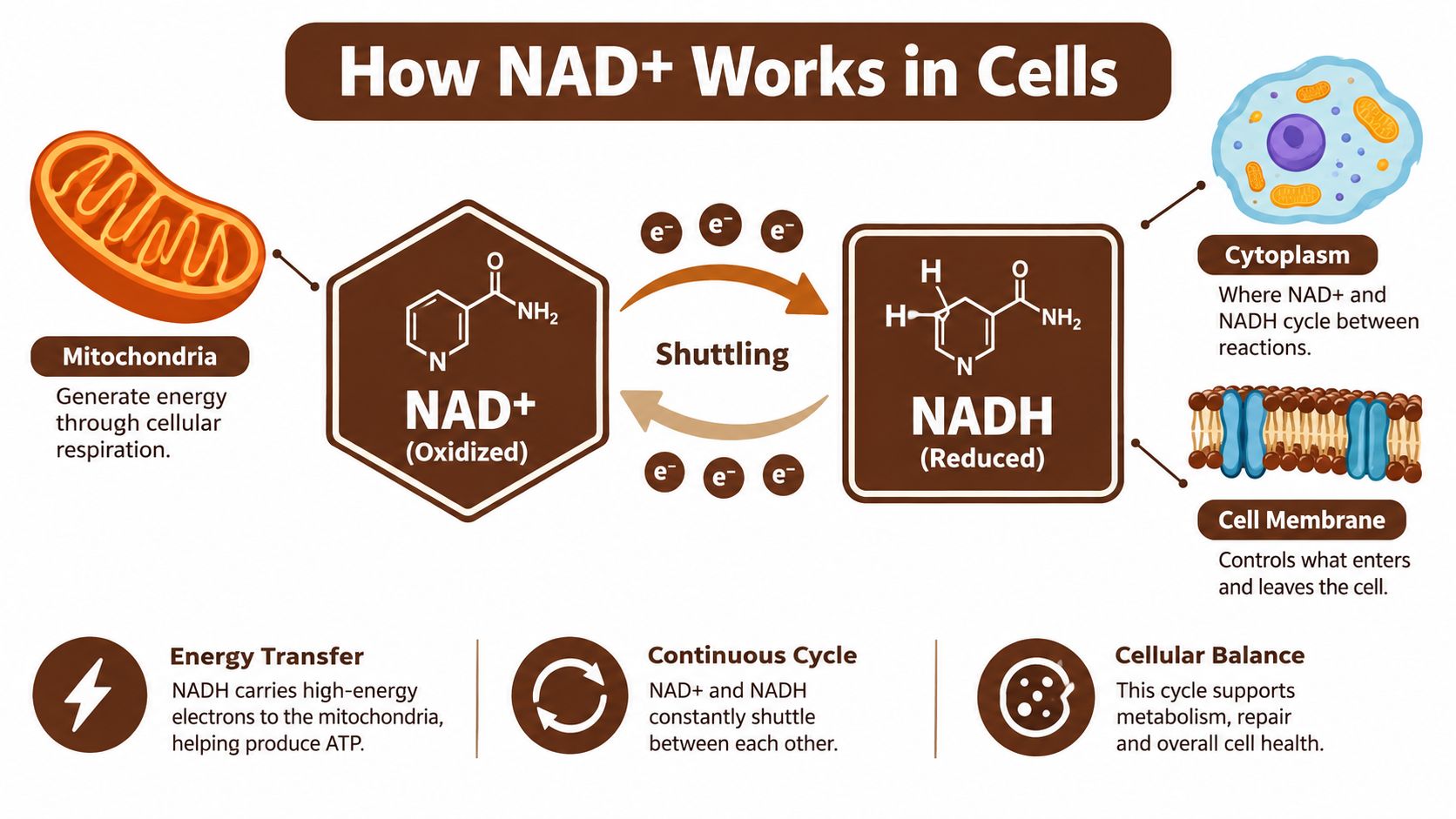 A diagram illustrating how NAD+ and NADH cycle to shuttle electrons and support cellular energy and health.