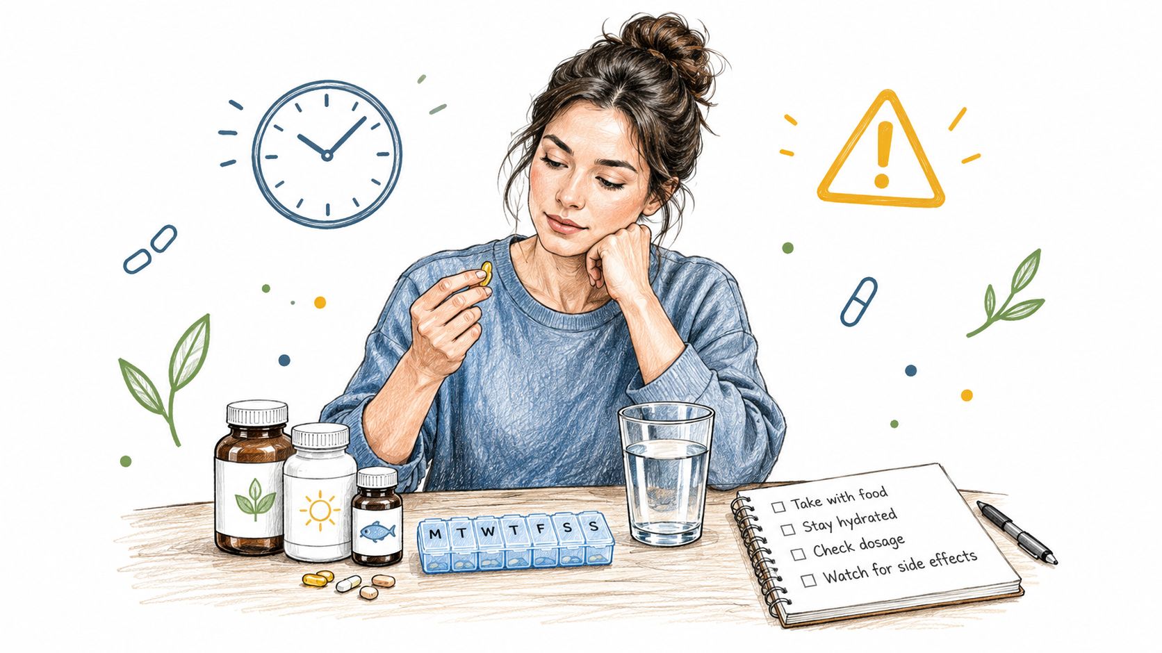 A woman carefully preparing to take her daily supplements while consulting a checklist for healthy habits.