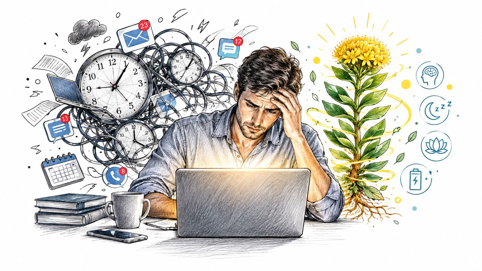 A stressed man working on a laptop with symbols of productivity, stress, and a vibrant Rhodiola rosea plant.
