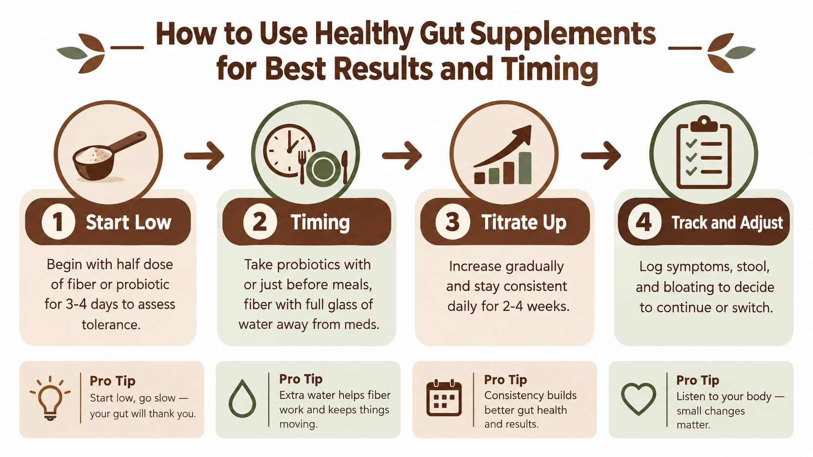 An infographic showing four steps for using healthy gut supplements including starting low, timing, titrating up, and tracking.