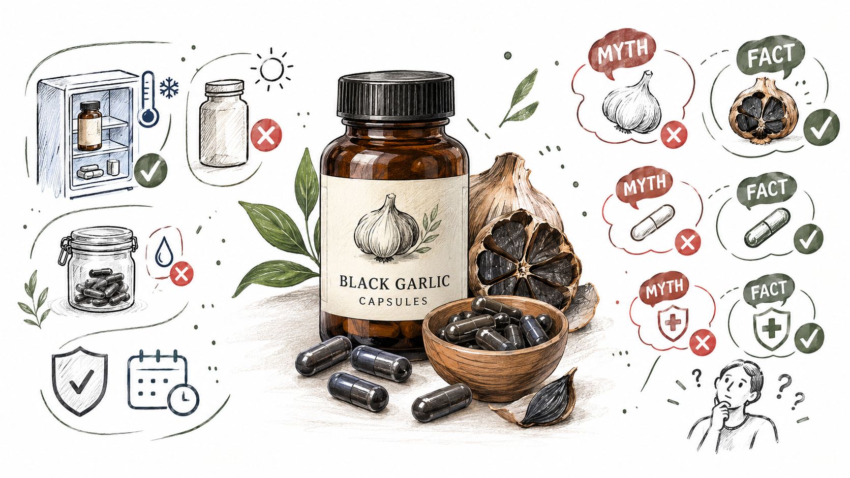 An educational illustration showing storage guidelines, myths, and facts about black garlic capsules for health.