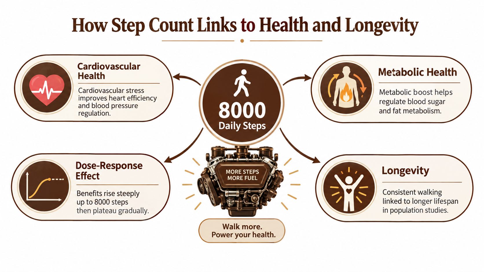 An infographic illustrating how walking 8000 steps daily improves cardiovascular health, metabolic function, and overall longevity.