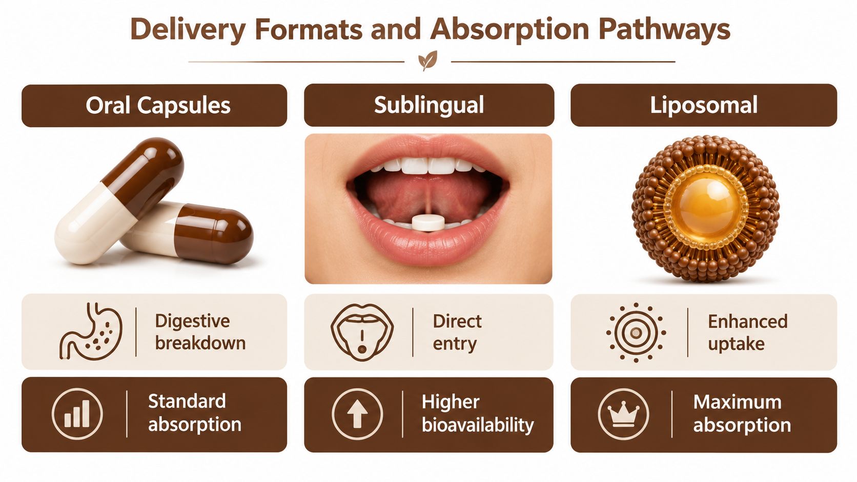 A comparison chart showing three delivery formats for supplements: oral capsules, sublingual, and liposomal, and their absorption pathways.