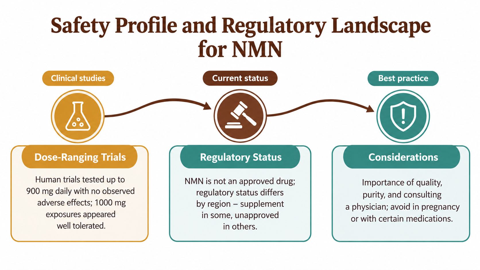 A chart illustrating the safety profile, regulatory status, and best practices for NMN supplementation in humans.