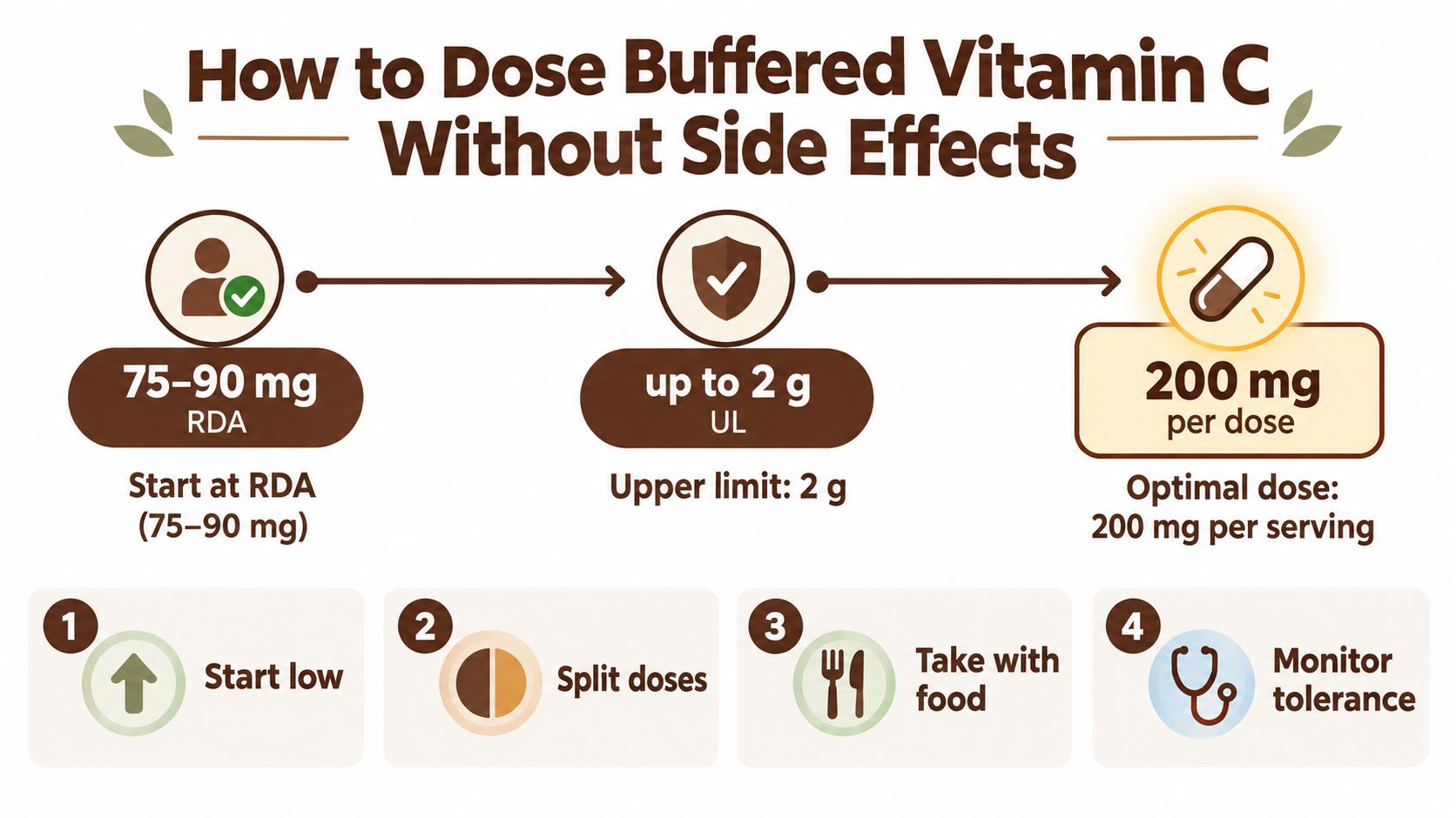 An infographic showing steps on how to safely dose buffered vitamin C to avoid side effects.