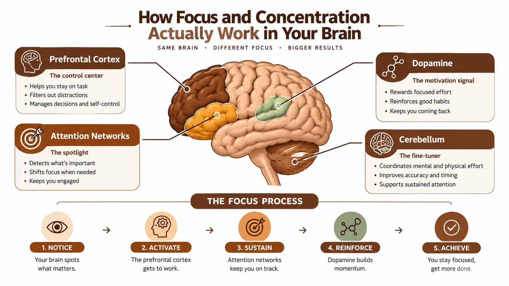 An infographic detailing the brain components and neurological processes involved in focus, concentration, and mental productivity.