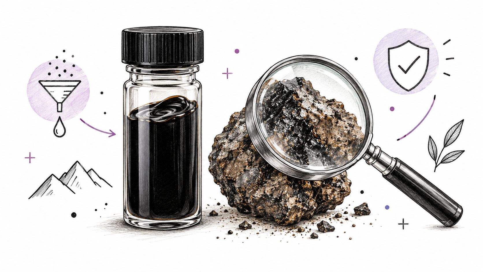 A vial of dark Shilajit resin next to a raw mineral rock examined with a magnifying glass.