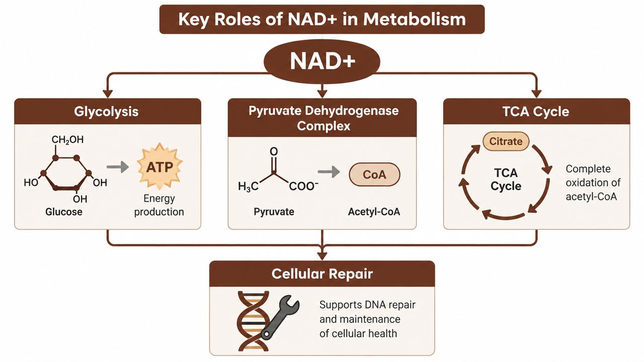 A diagram illustrating the key roles of NAD+ in cellular metabolism, including energy production and repair.