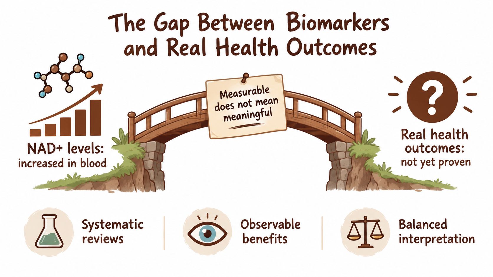 A diagram explaining that increased NAD+ biomarker levels do not necessarily equate to proven real health outcomes.