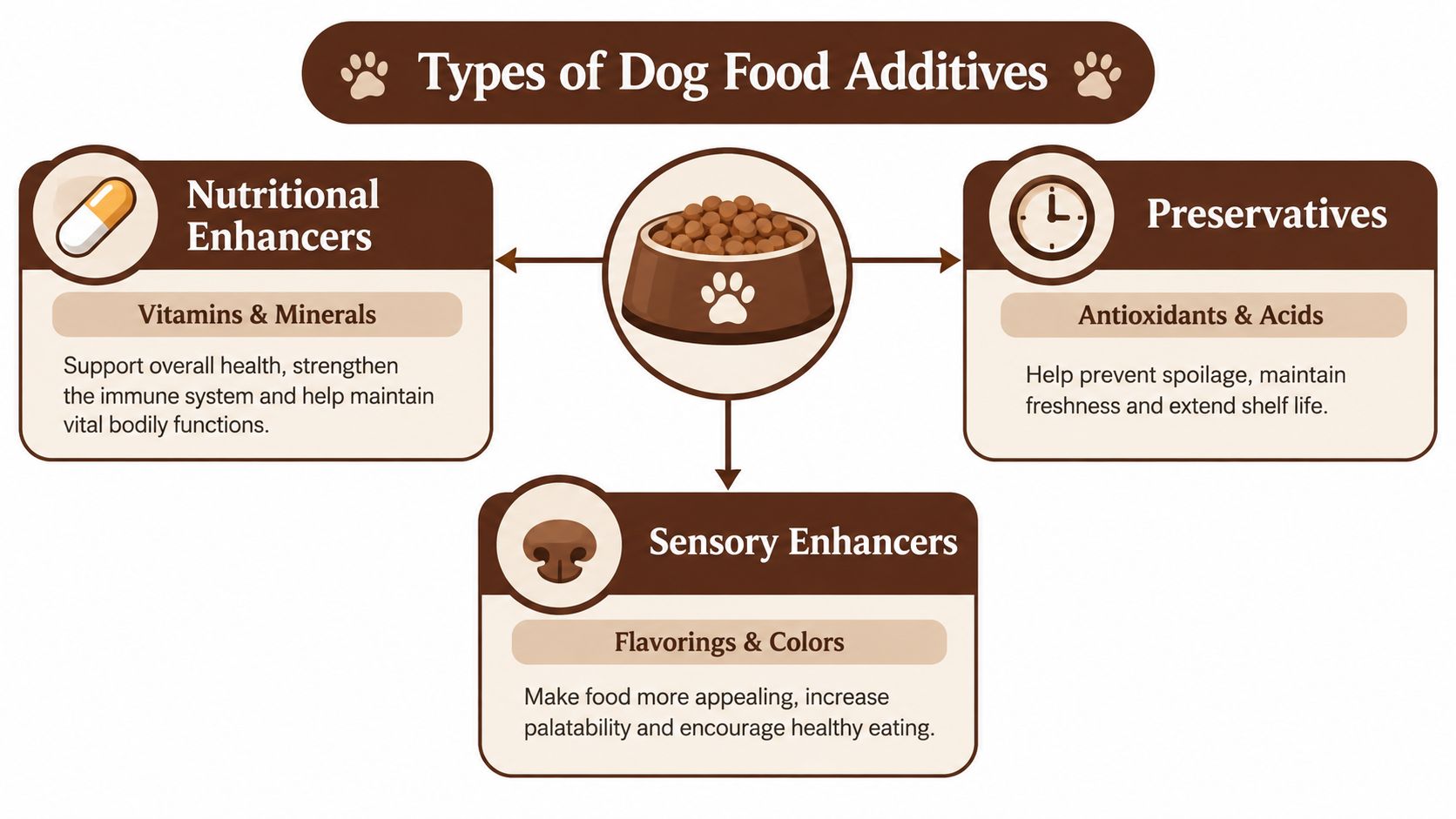 A diagram categorizing dog food additives into nutritional enhancers, preservatives, and sensory enhancers with brief descriptions.