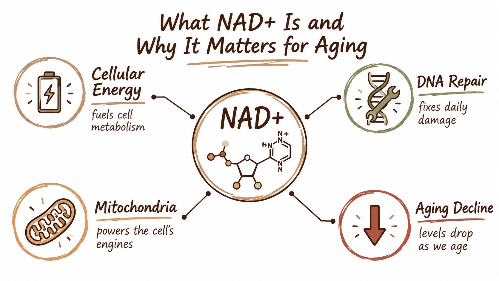 A diagram illustrating the importance of NAD+ for cellular energy, DNA repair, mitochondria, and age-related decline.