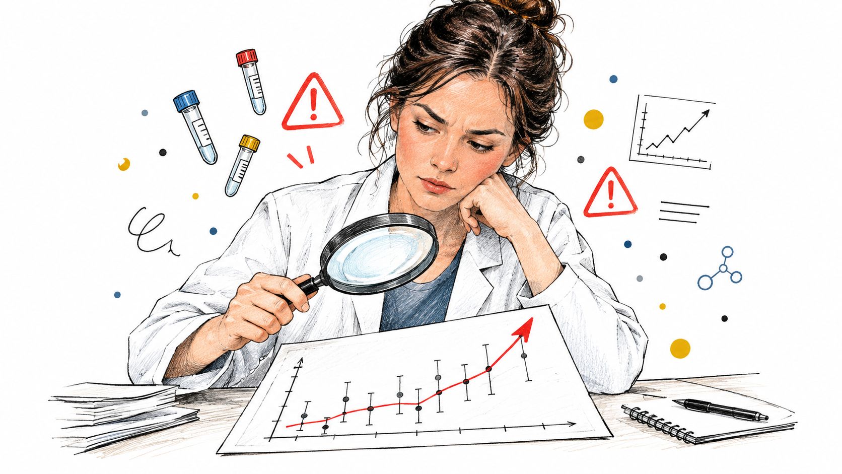 A scientist intently examining a scientific data chart with a magnifying glass in a laboratory setting.