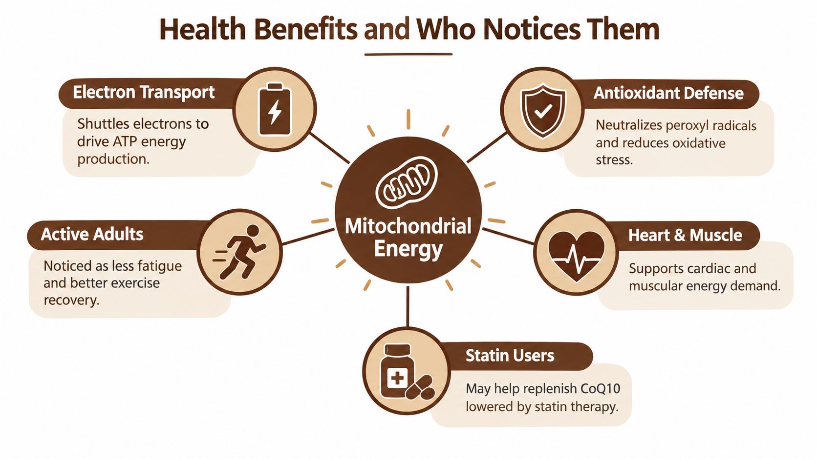 A diagram illustrating the health benefits of mitochondrial energy and who benefits from CoQ10 supplementation.