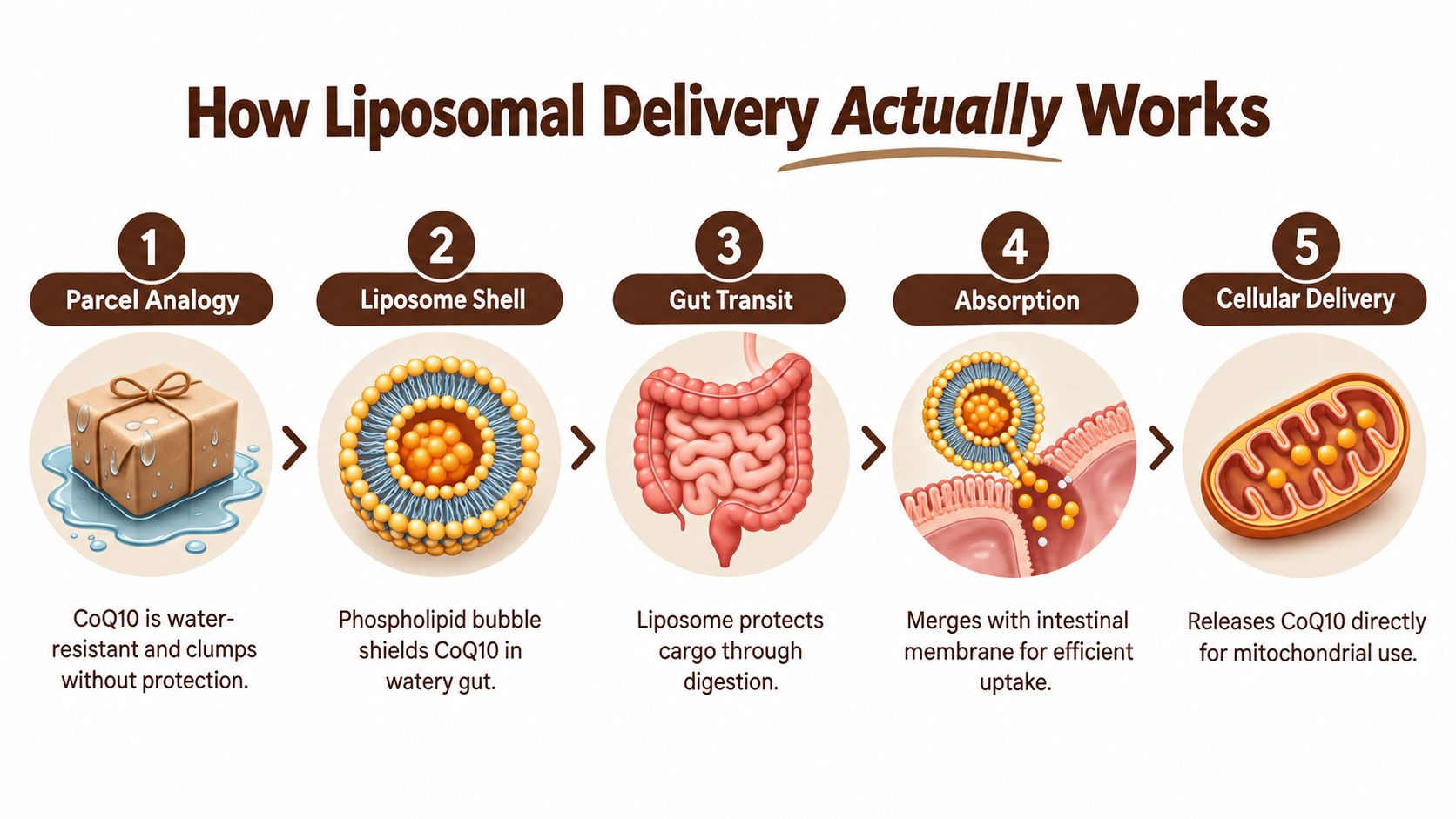A five-step infographic explaining how liposomal delivery protects CoQ10 for efficient intestinal absorption and mitochondrial cellular use.
