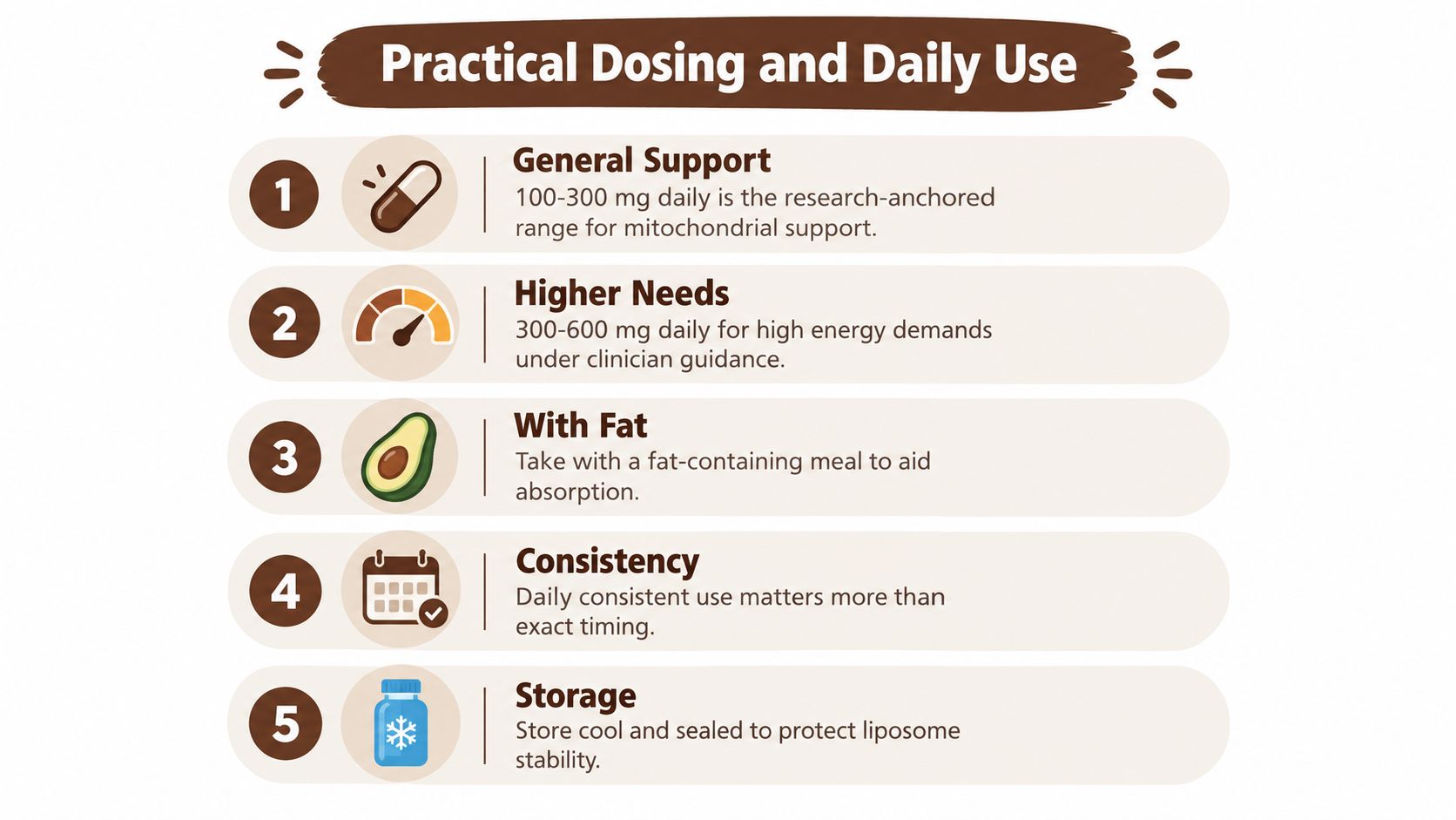 An infographic titled Practical Dosing and Daily Use providing five clear guidelines for taking liposomal coenzyme Q10 supplements.