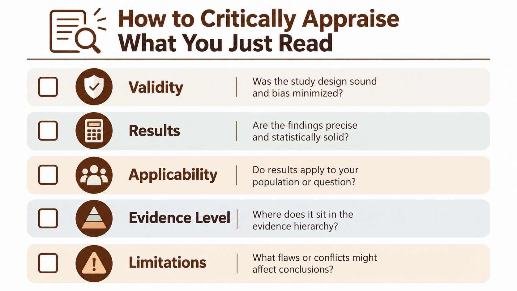 A checklist infographic titled How to Critically Appraise What You Just Read with five key evaluation categories.