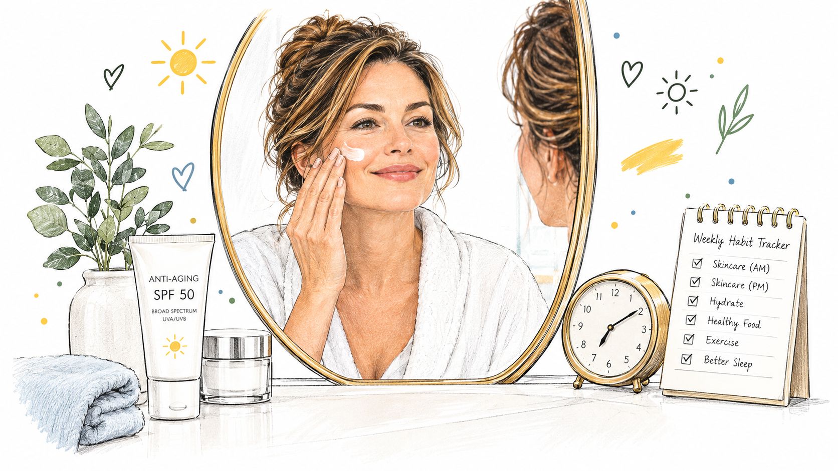 A woman applying anti-aging cream in a mirror, alongside skincare products and a daily habit tracker.