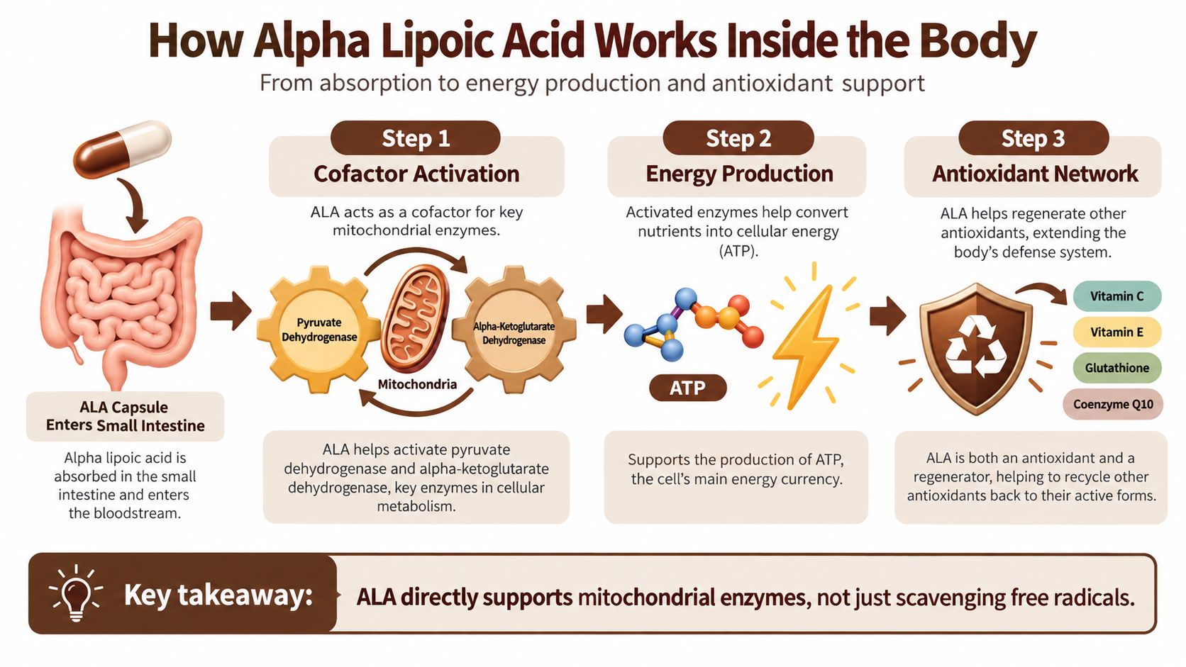 A diagram explaining how alpha lipoic acid supports energy production and antioxidant regeneration within human cells.
