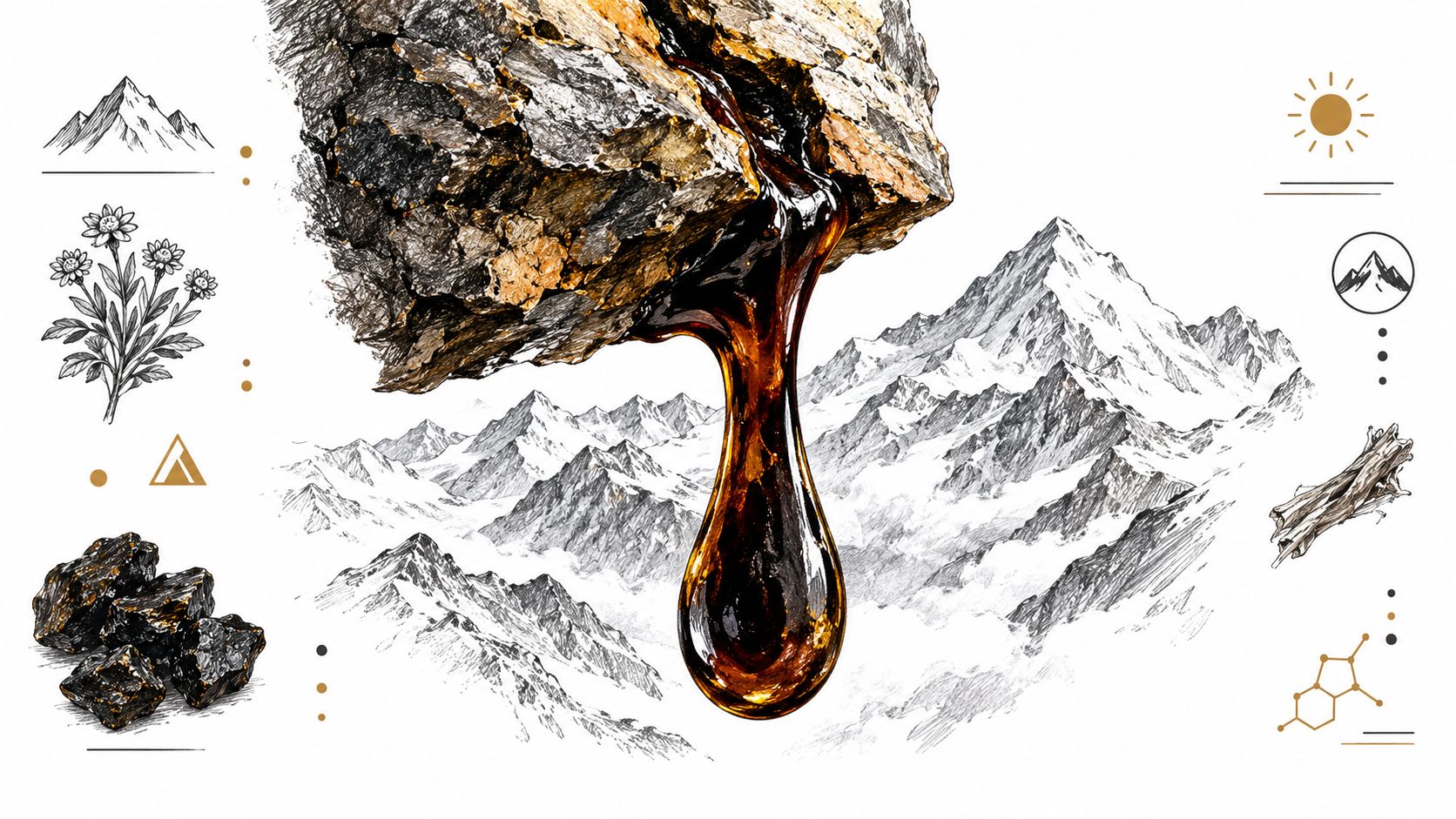 A detailed illustration of Himalayan shilajit resin dripping from a mountain rock against a snowy mountain backdrop.