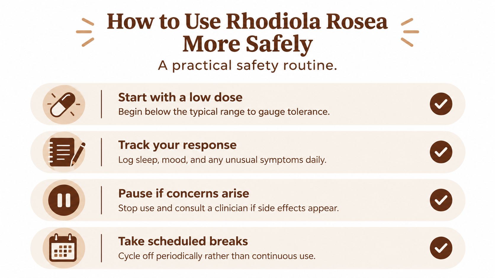 A safety infographic detailing four practical steps for using Rhodiola Rosea supplements in a safe manner.