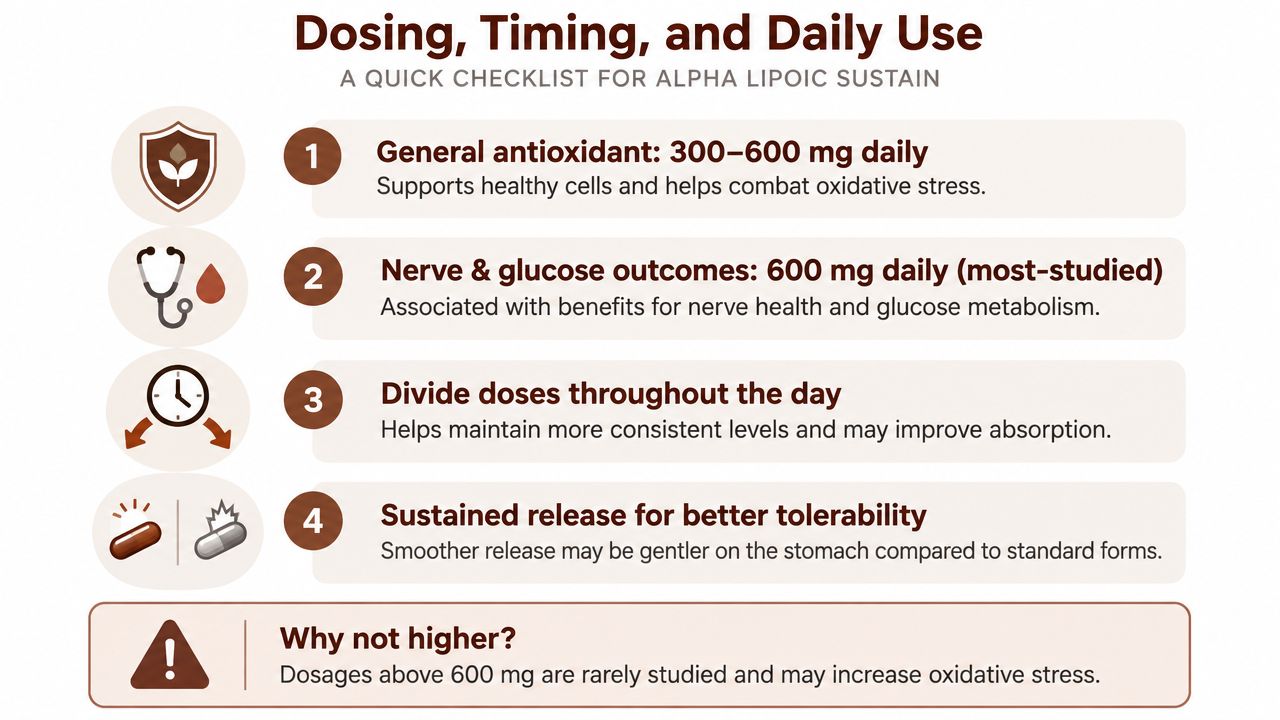 An informational infographic detailing the recommended daily dosing, timing, and benefits for Alpha Lipoic Sustain supplements.