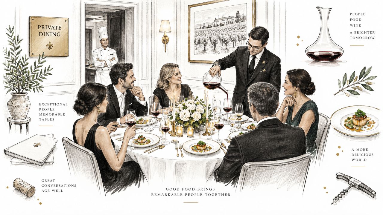 An elegant illustration of people enjoying a sophisticated private fine dining experience at a restaurant table.