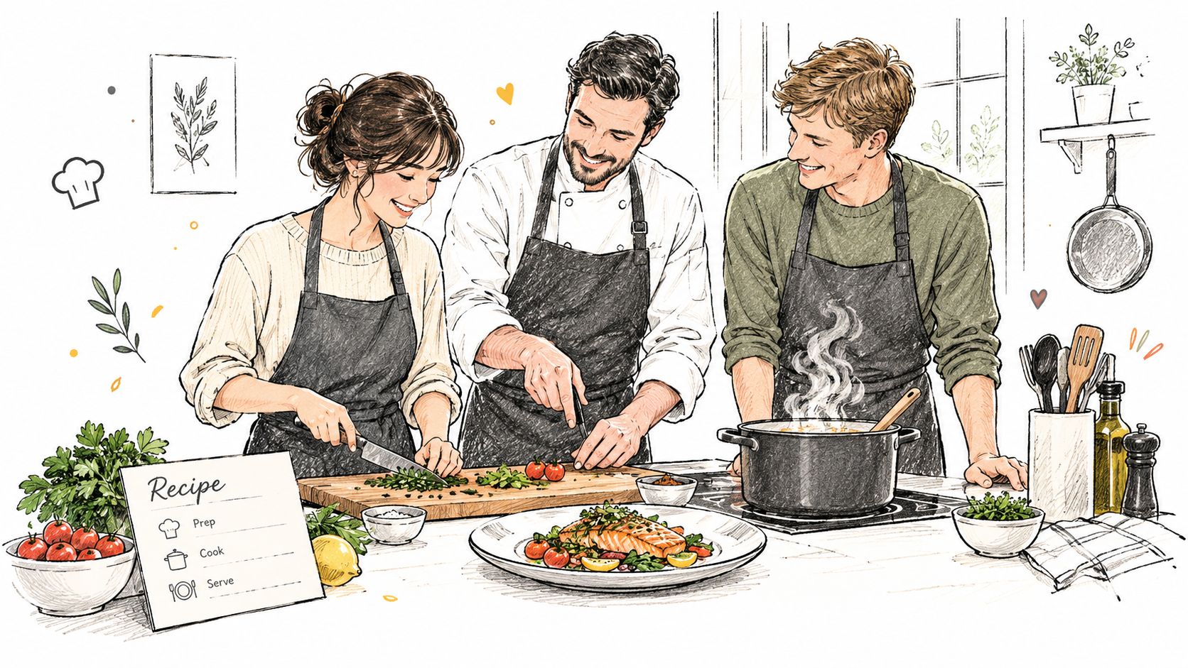 Three friends wearing aprons smiling and cooking a delicious meal together in a bright kitchen.