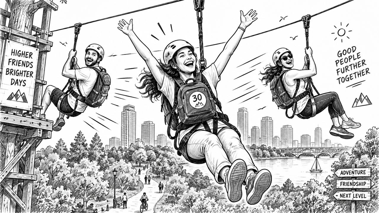 Three happy friends enjoy a celebratory zipline adventure outdoors in front of a city skyline.