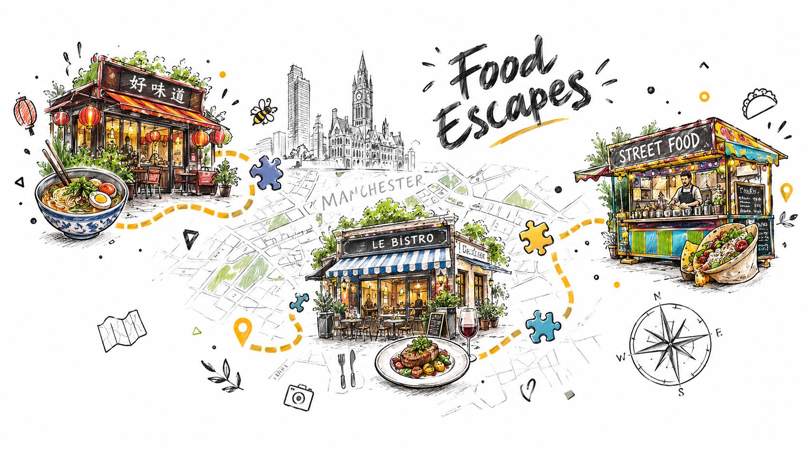 A whimsical illustration of a food map connecting a noodle shop, a French bistro, and a street stall.