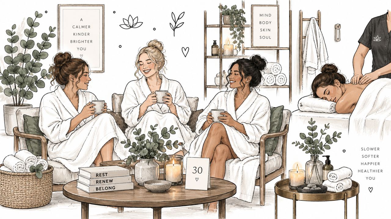 Three women in white robes relaxing at a spa with tea and a massage session illustration.