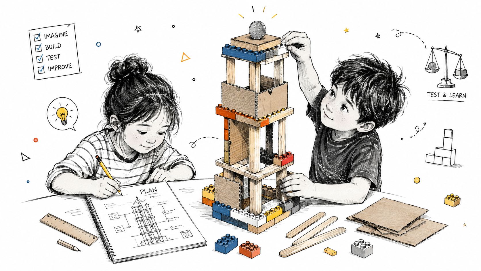 Two children working together on a collaborative STEM tower building project with toy bricks and cardboard pieces.
