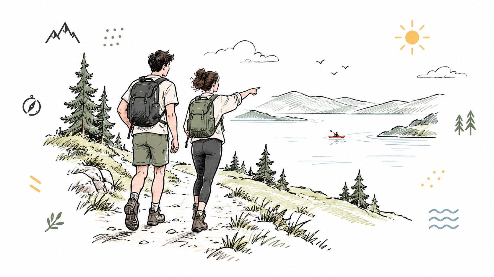 A couple wearing backpacks hiking on a trail overlooking a scenic lake with mountains in the background.