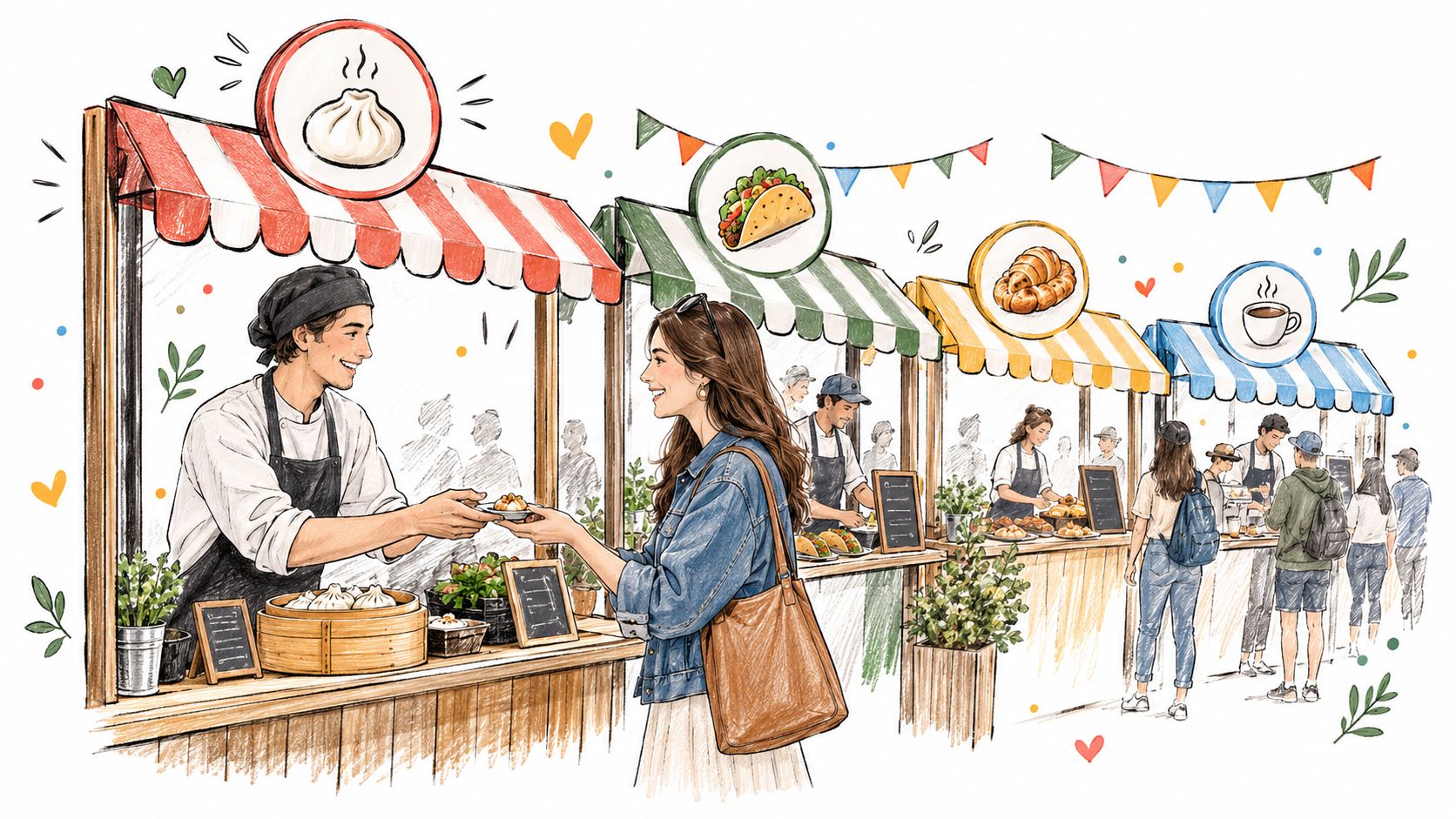 A woman purchasing food from a vendor at a bustling outdoor street food market festival.