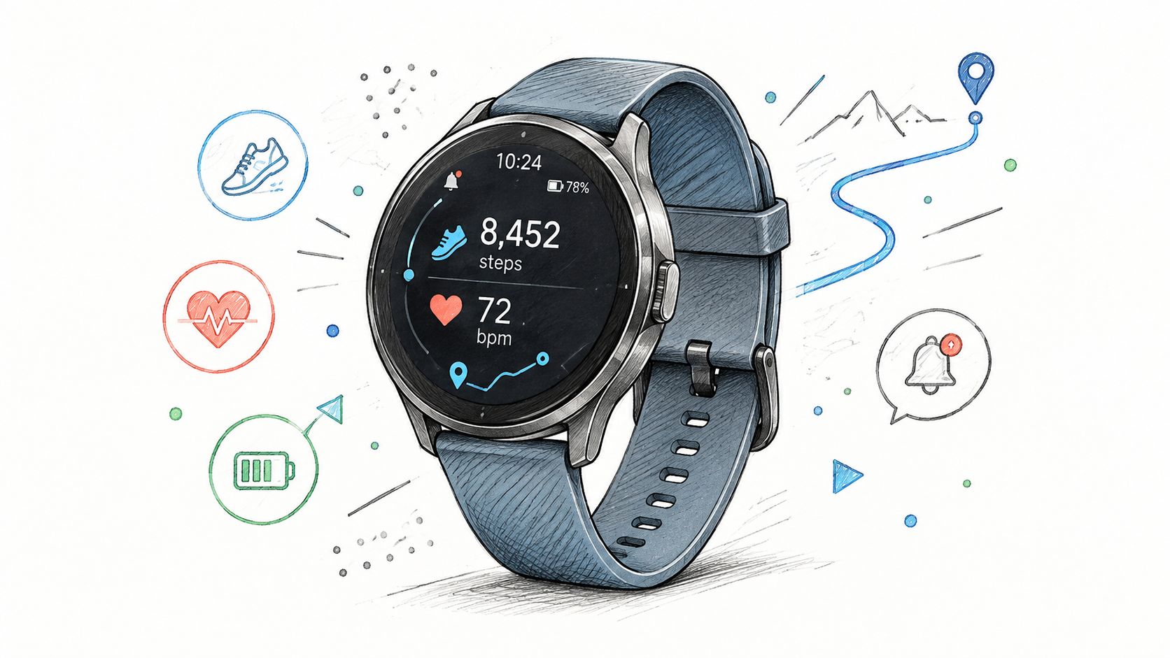 A digital illustration of a stylish smartwatch with fitness tracking icons displayed on a white background.